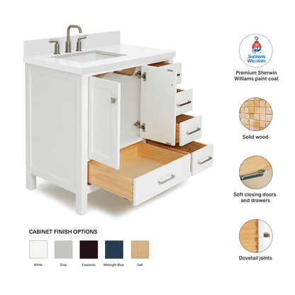 Beckford 36-Inch White bathroom vanity – feature highlights: solid wood frame, soft-close doors and drawers, Sherwin-Williams paint finish