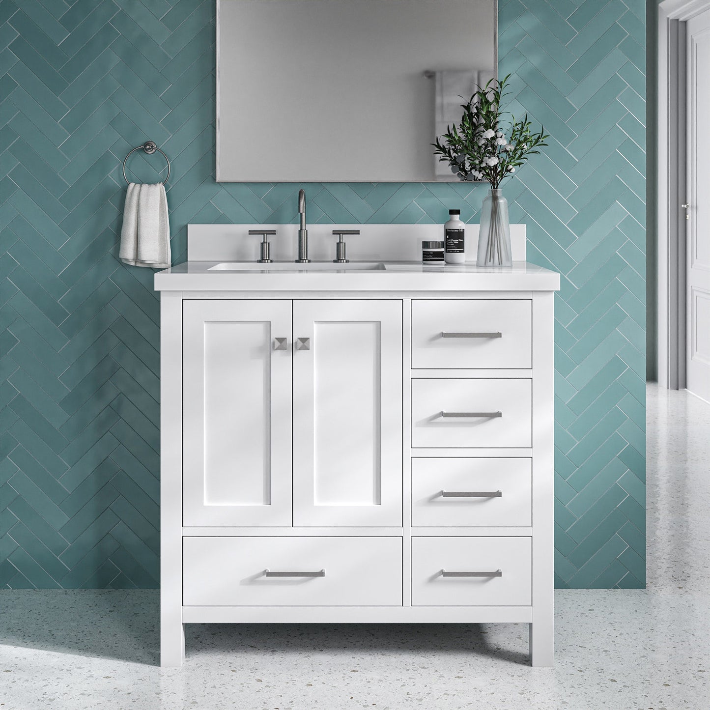 Beckford 36-Inch White bathroom vanity in styled bathroom setting