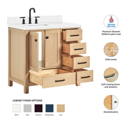 Beckford 36-Inch White Oak bathroom vanity – feature highlights: solid wood frame, soft-close doors and drawers, Sherwin-Williams paint finish