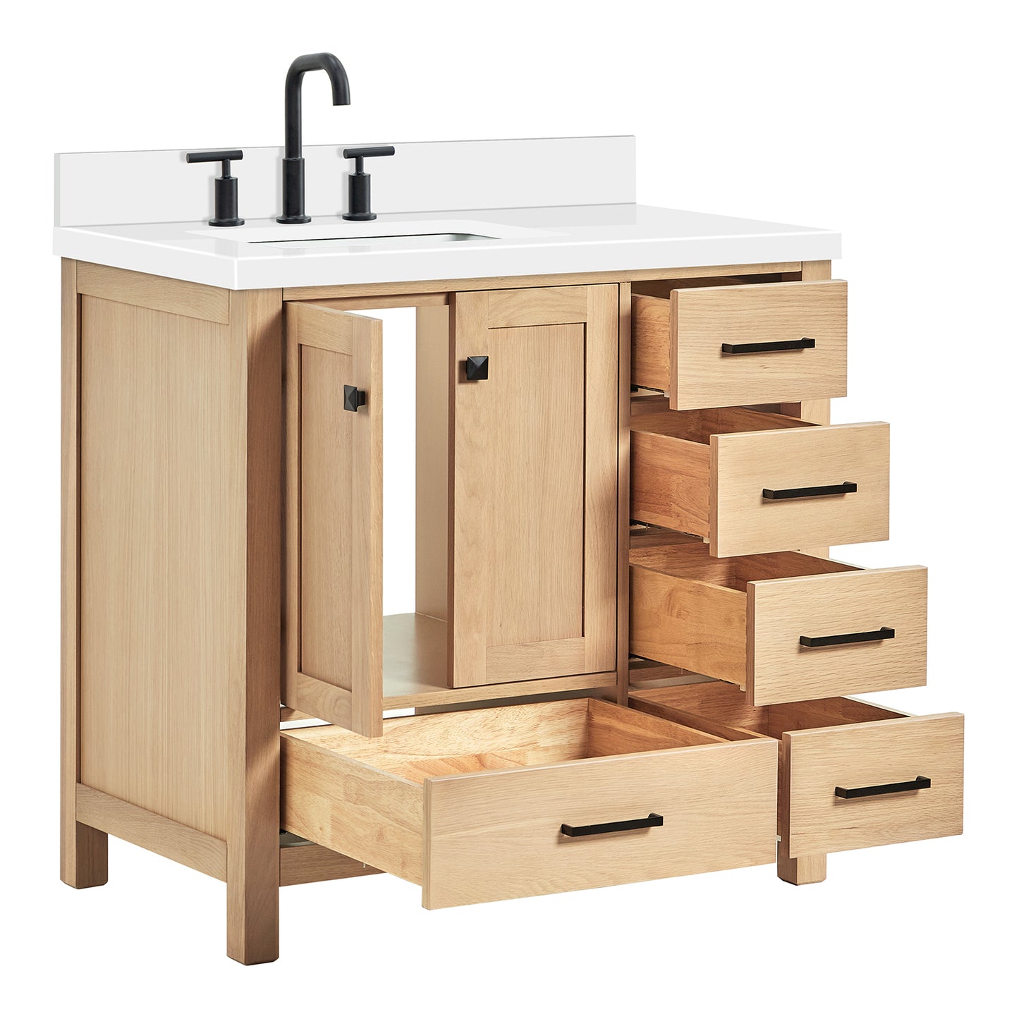 Beckford 36-Inch White Oak bathroom vanity on white background – product photo 1