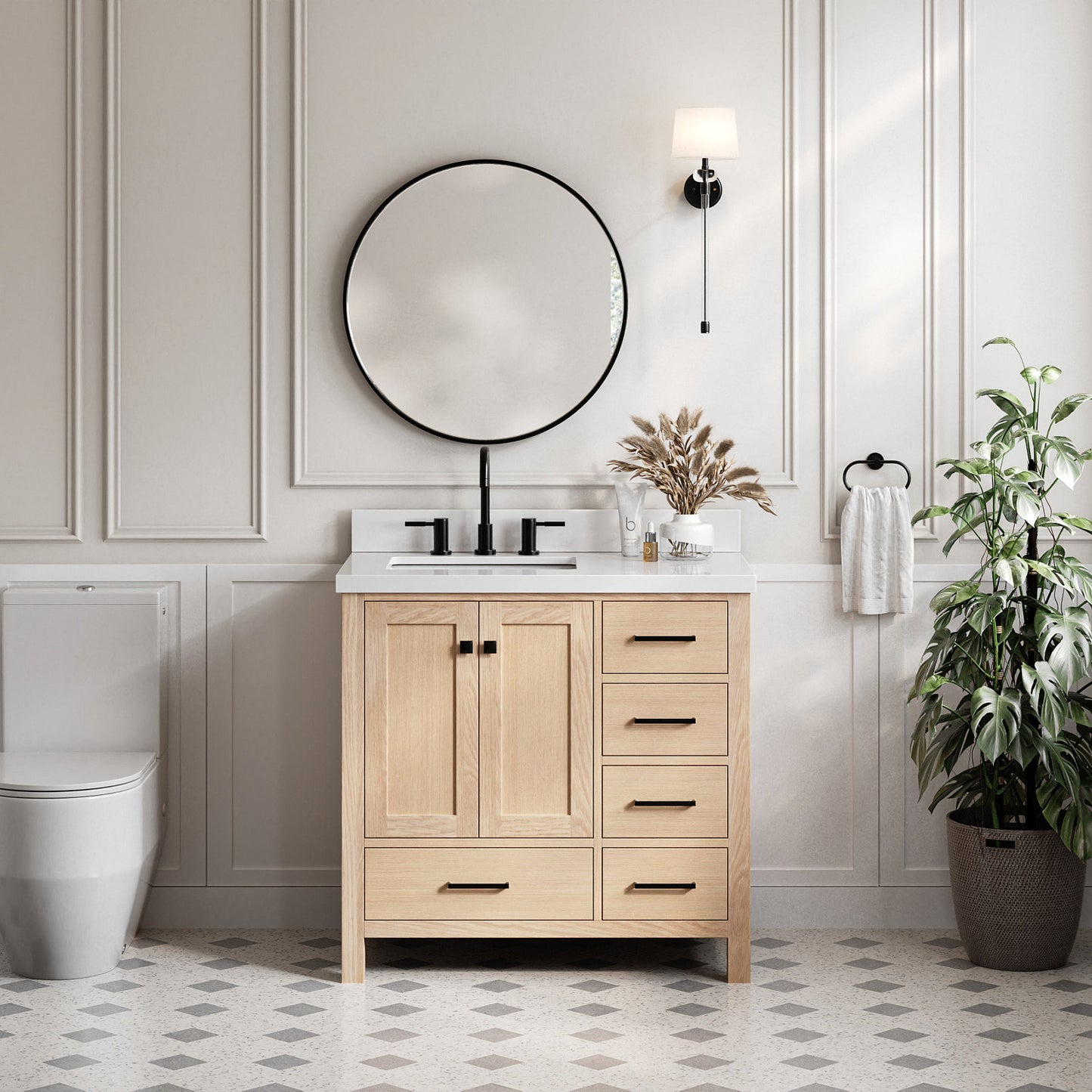 Beckford 36-Inch White Oak bathroom vanity in styled bathroom setting