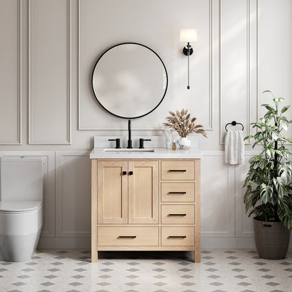 Beckford 36-Inch White Oak bathroom vanity in styled bathroom setting