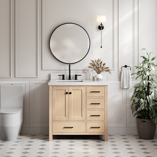 Beckford 36-Inch White Oak bathroom vanity in styled bathroom setting