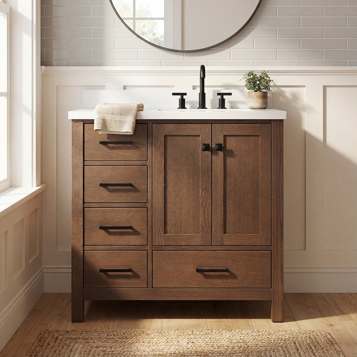 Beckford 36-Inch Brown Oak bathroom vanity in styled bathroom setting