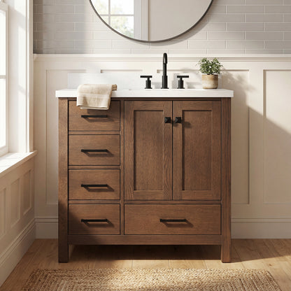 Beckford 36-Inch Brown Oak bathroom vanity in styled bathroom setting