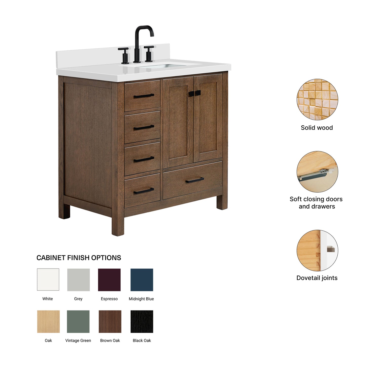 Beckford 36-Inch Brown Oak bathroom vanity – feature highlights: solid wood frame, soft-close doors and drawers, Sherwin-Williams paint finish