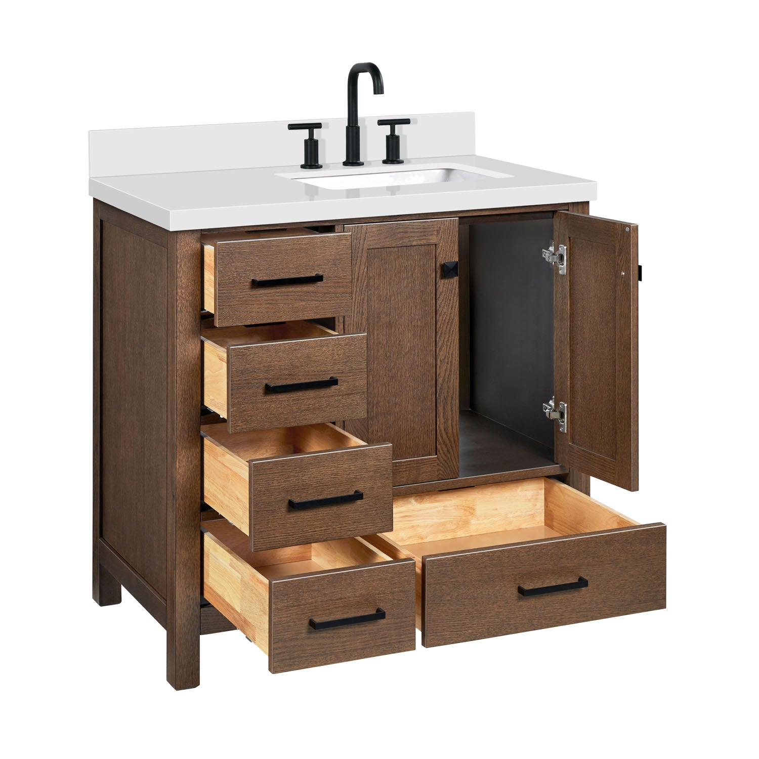 Beckford 36-Inch Brown Oak bathroom vanity on white background – product photo 6