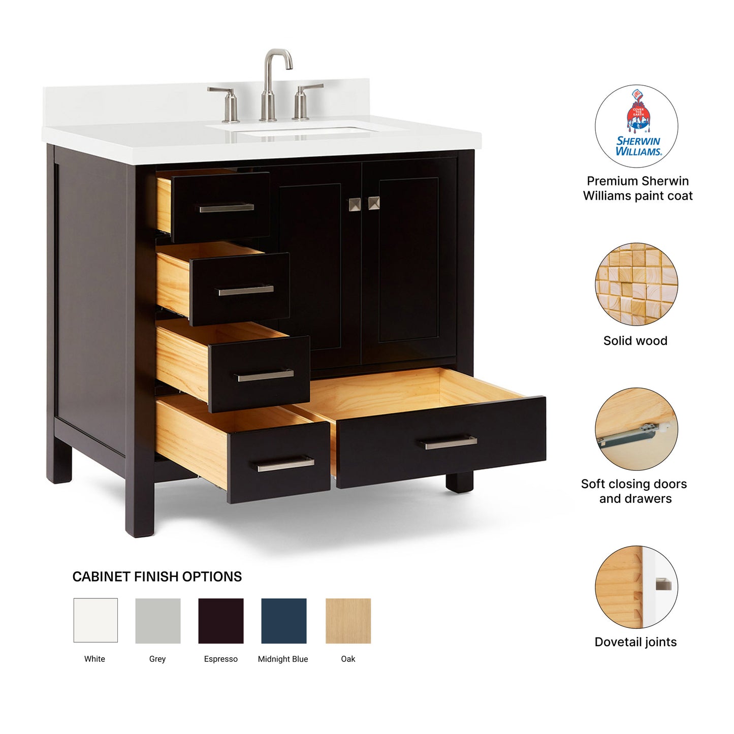 Beckford 36-Inch Espresso bathroom vanity – feature highlights: solid wood frame, soft-close doors and drawers, Sherwin-Williams paint finish