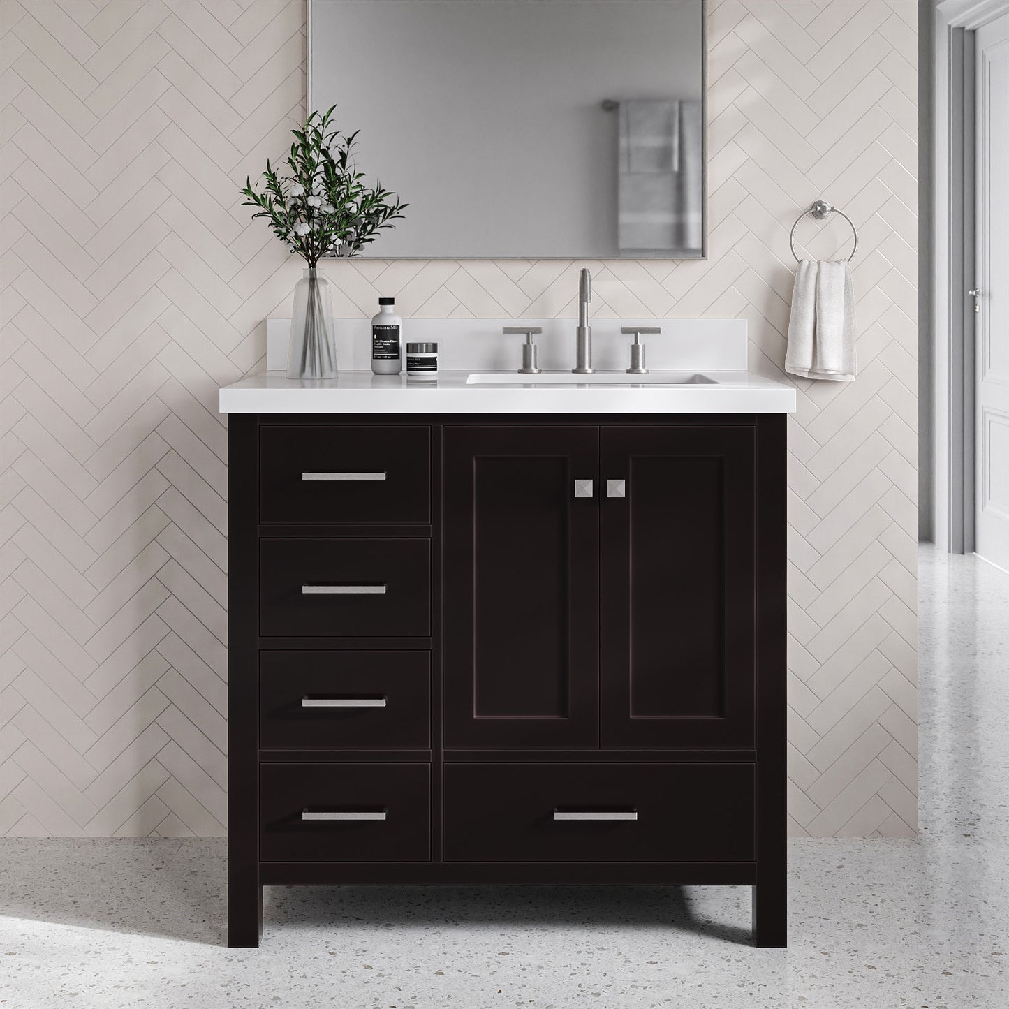 Beckford 36-Inch Espresso bathroom vanity in styled bathroom setting