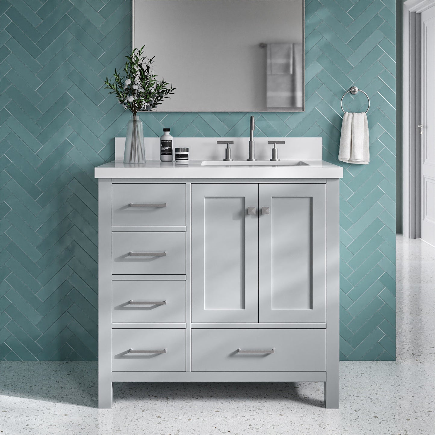 Beckford 36-Inch Grey bathroom vanity in styled bathroom setting