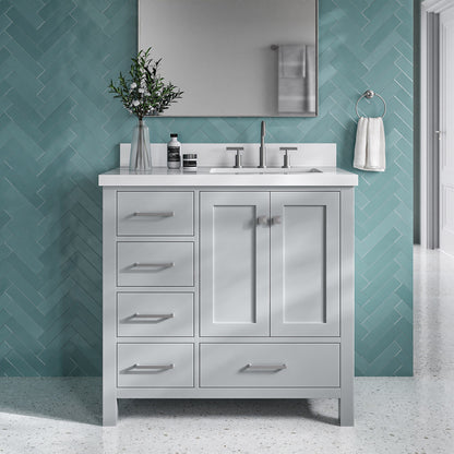 Beckford 36-Inch Grey bathroom vanity in styled bathroom setting