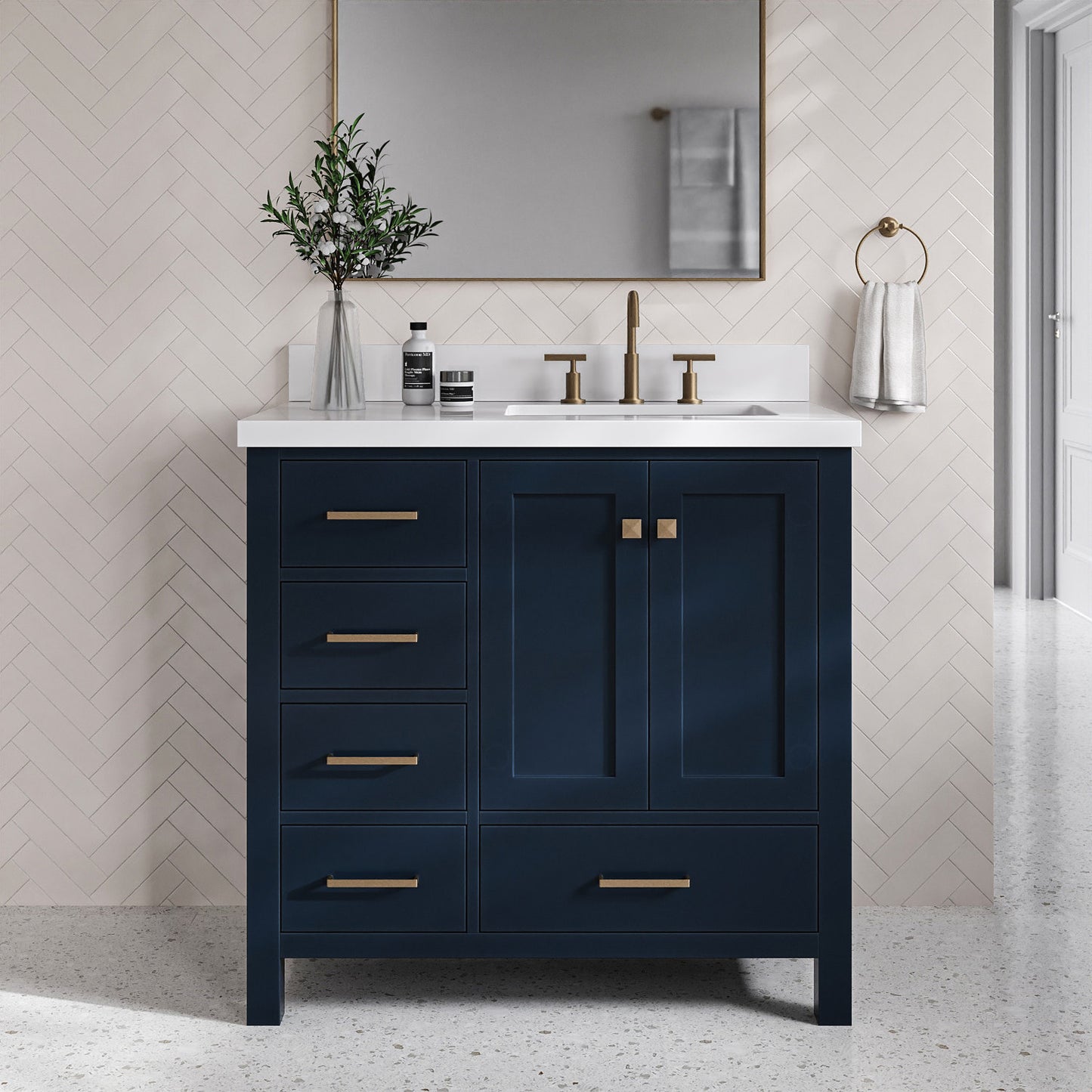 Beckford 36-Inch Midnight Blue bathroom vanity in styled bathroom setting