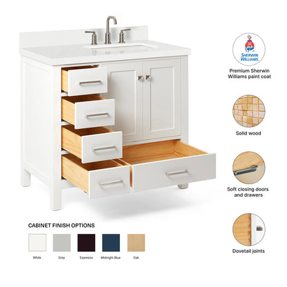 Beckford 36-Inch White bathroom vanity – feature highlights: solid wood frame, soft-close doors and drawers, Sherwin-Williams paint finish