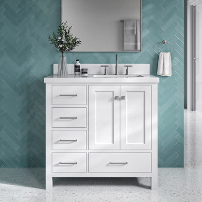 Beckford 36-Inch White bathroom vanity in styled bathroom setting