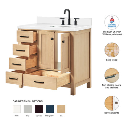 Beckford 36-Inch White Oak bathroom vanity – feature highlights: solid wood frame, soft-close doors and drawers, Sherwin-Williams paint finish