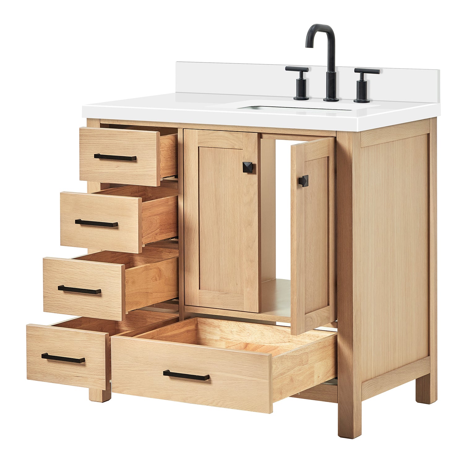 Beckford 36-Inch White Oak bathroom vanity on white background – product photo 1