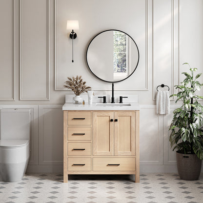 Beckford 36-Inch White Oak bathroom vanity in styled bathroom setting