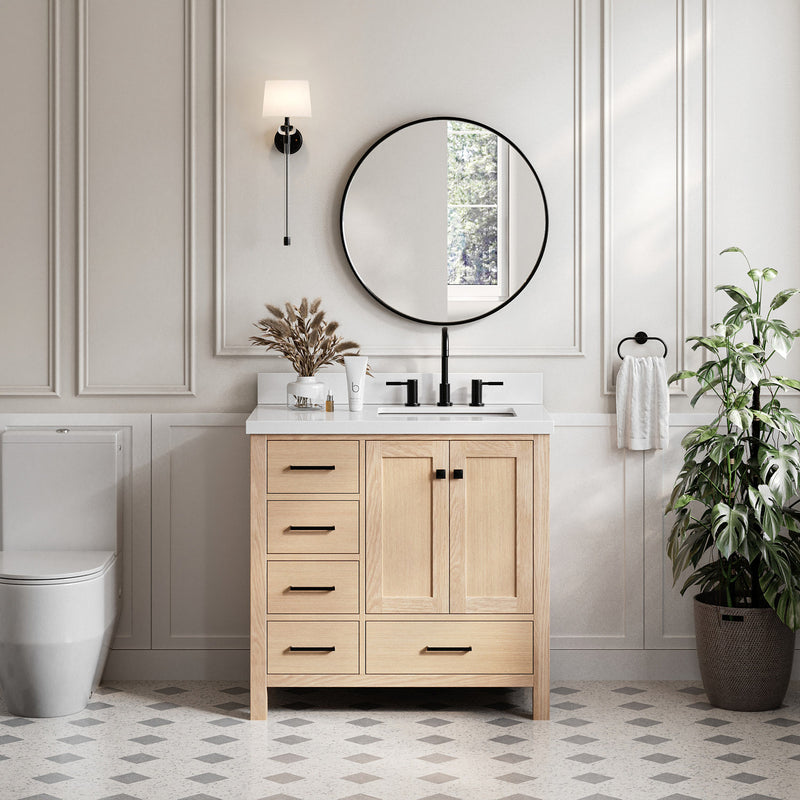 Beckford 36-Inch White Oak bathroom vanity in styled bathroom setting