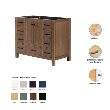Beckford 42-inch Brown Oak base cabinet on feature highlights: solid wood frame, soft-close doors and drawers, Sherwin-Williams paint finish