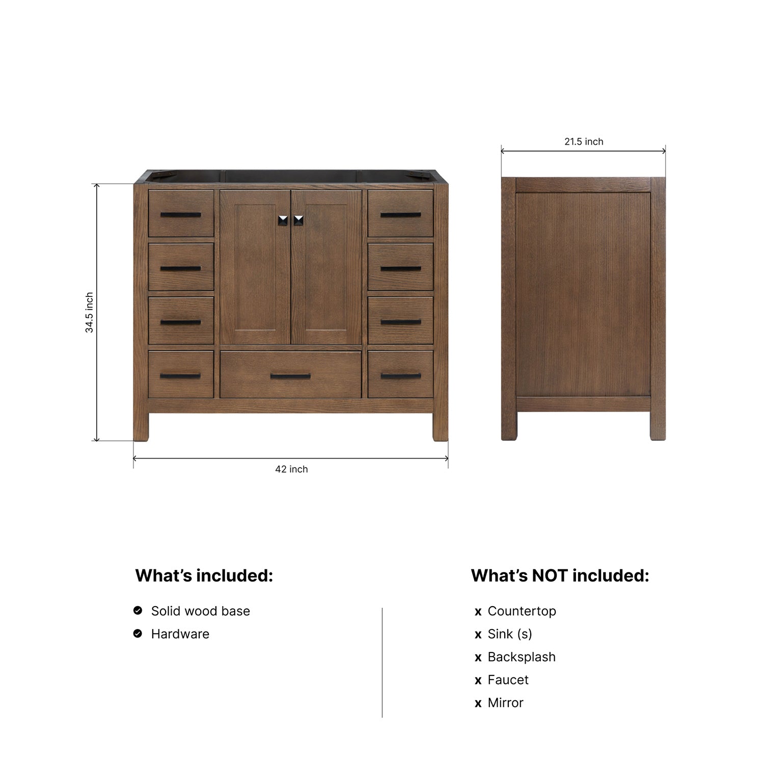 Beckford 42-inch Brown Oak base cabinet on dimensions