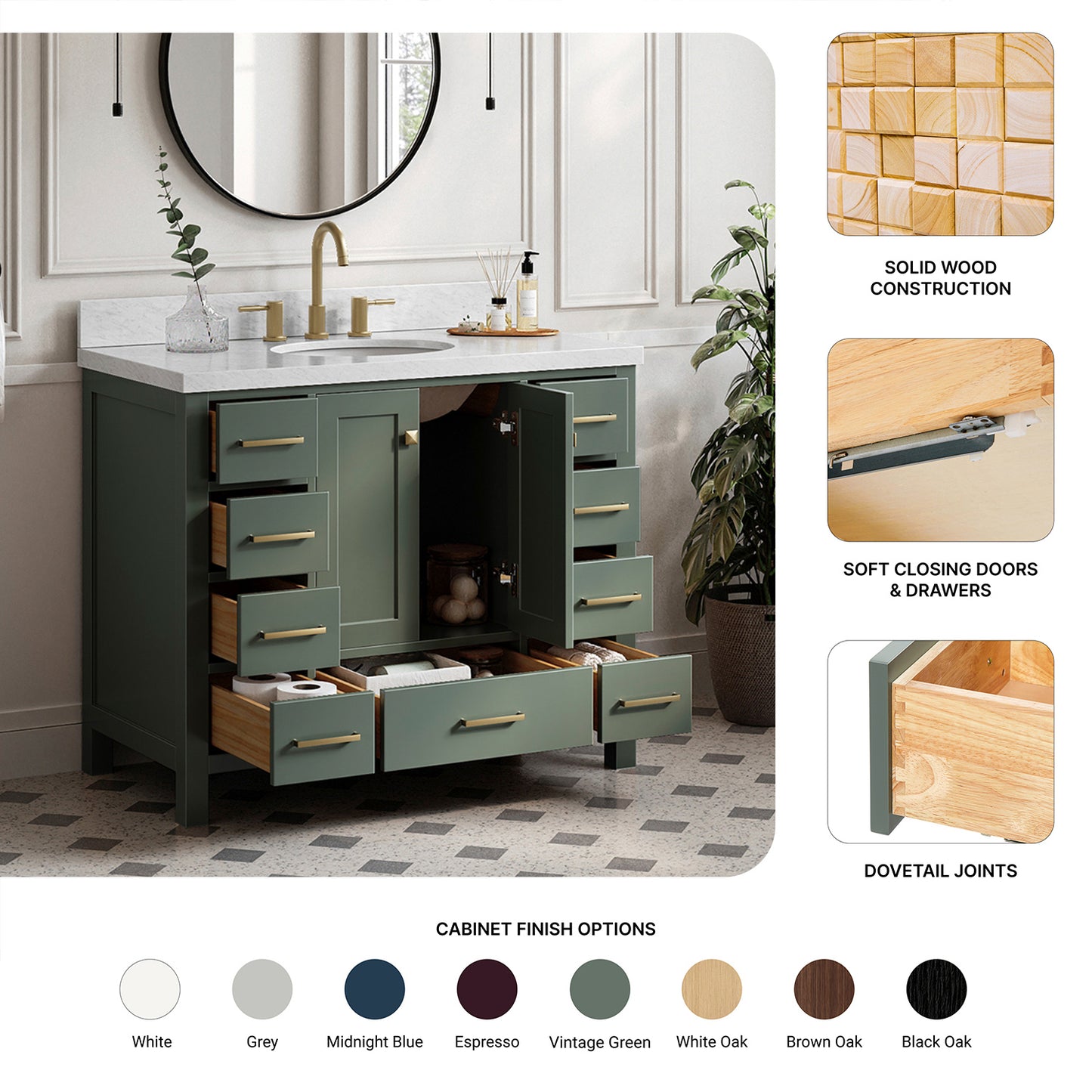 Beckford 42-inch Vintage Green base cabinet on feature highlights: solid wood frame, soft-close doors and drawers, Sherwin-Williams paint finish