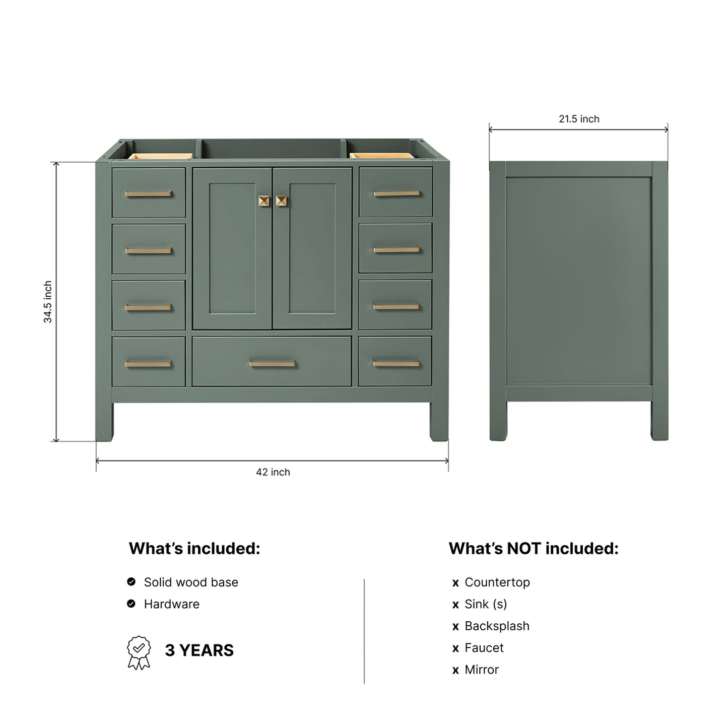Beckford 42-inch Vintage Green base cabinet on dimensions