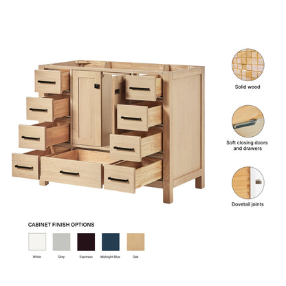 Beckford 42-inch Natural Oak base cabinet on feature highlights: solid wood frame, soft-close doors and drawers, Sherwin-Williams paint finish