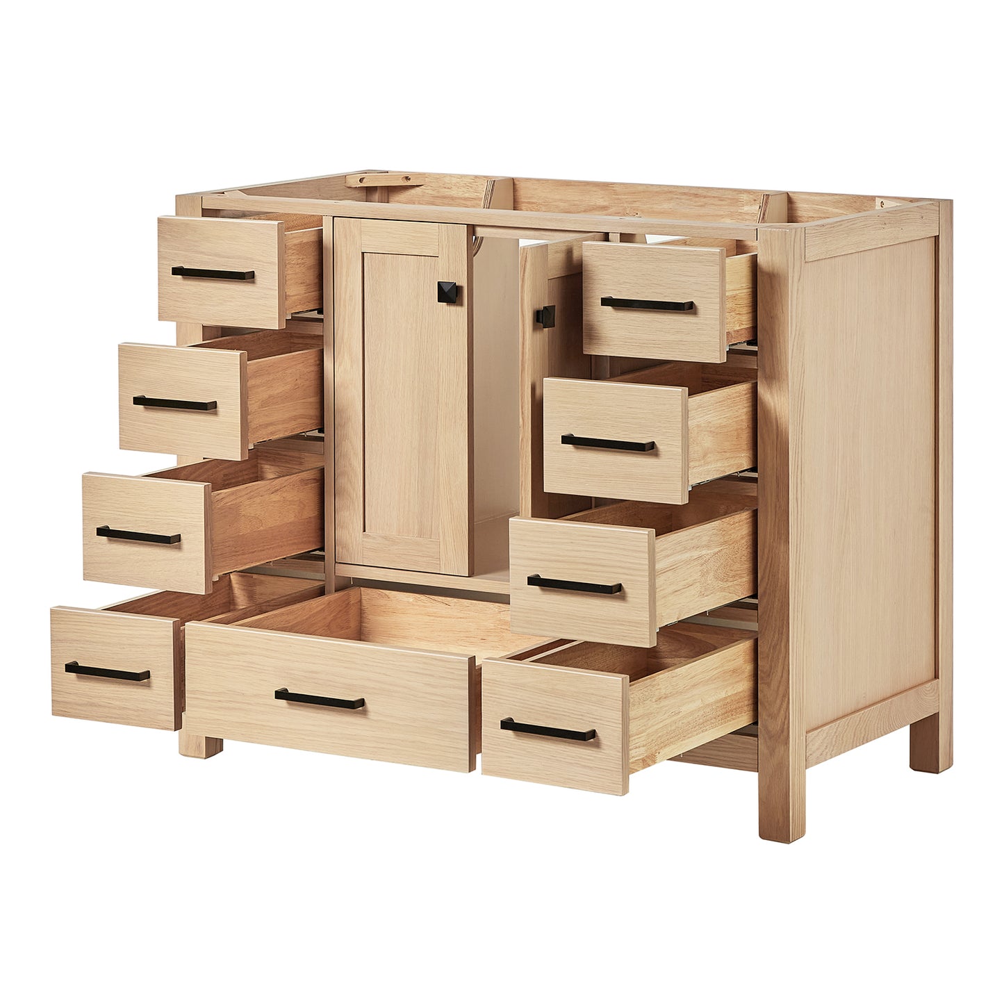 Beckford 42-inch Natural Oak base cabinet on white back ground side view open door