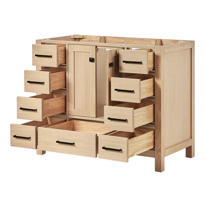 Beckford 42-inch Natural Oak base cabinet on white back ground side view open door