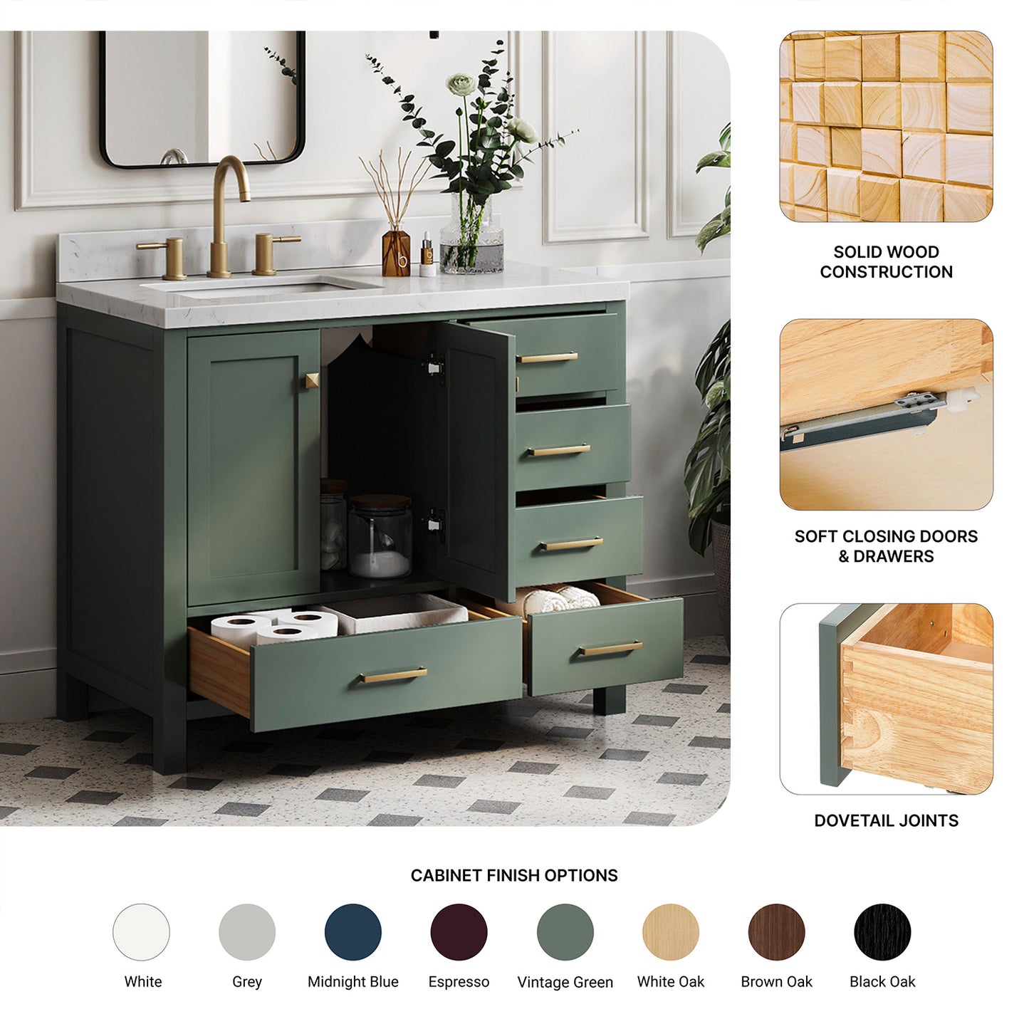 Beckford 42-inch Vintage Green base cabinet on feature highlights: solid wood frame, soft-close doors and drawers, Sherwin-Williams paint finish