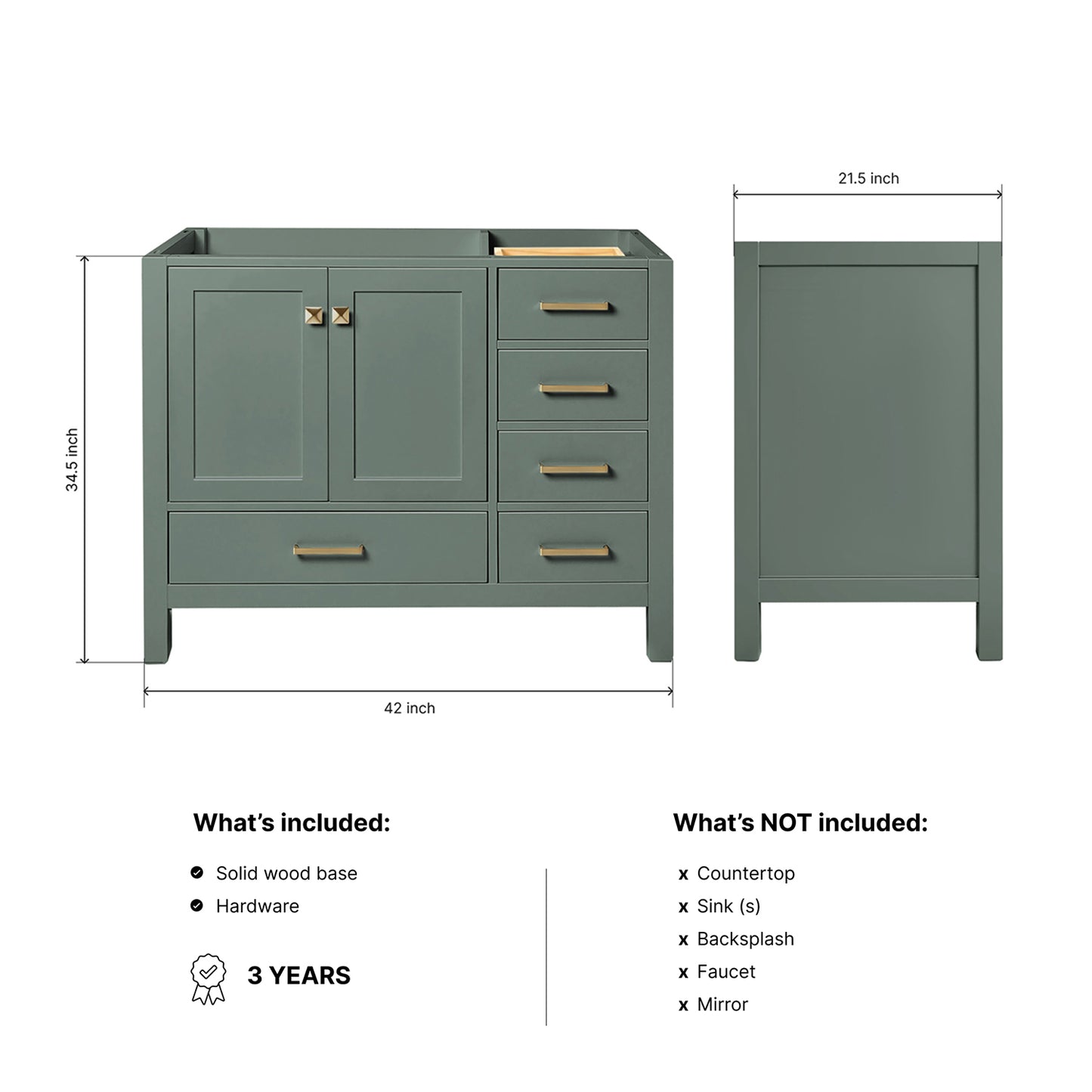 Beckford 42-inch Vintage Green base cabinet on dimensions