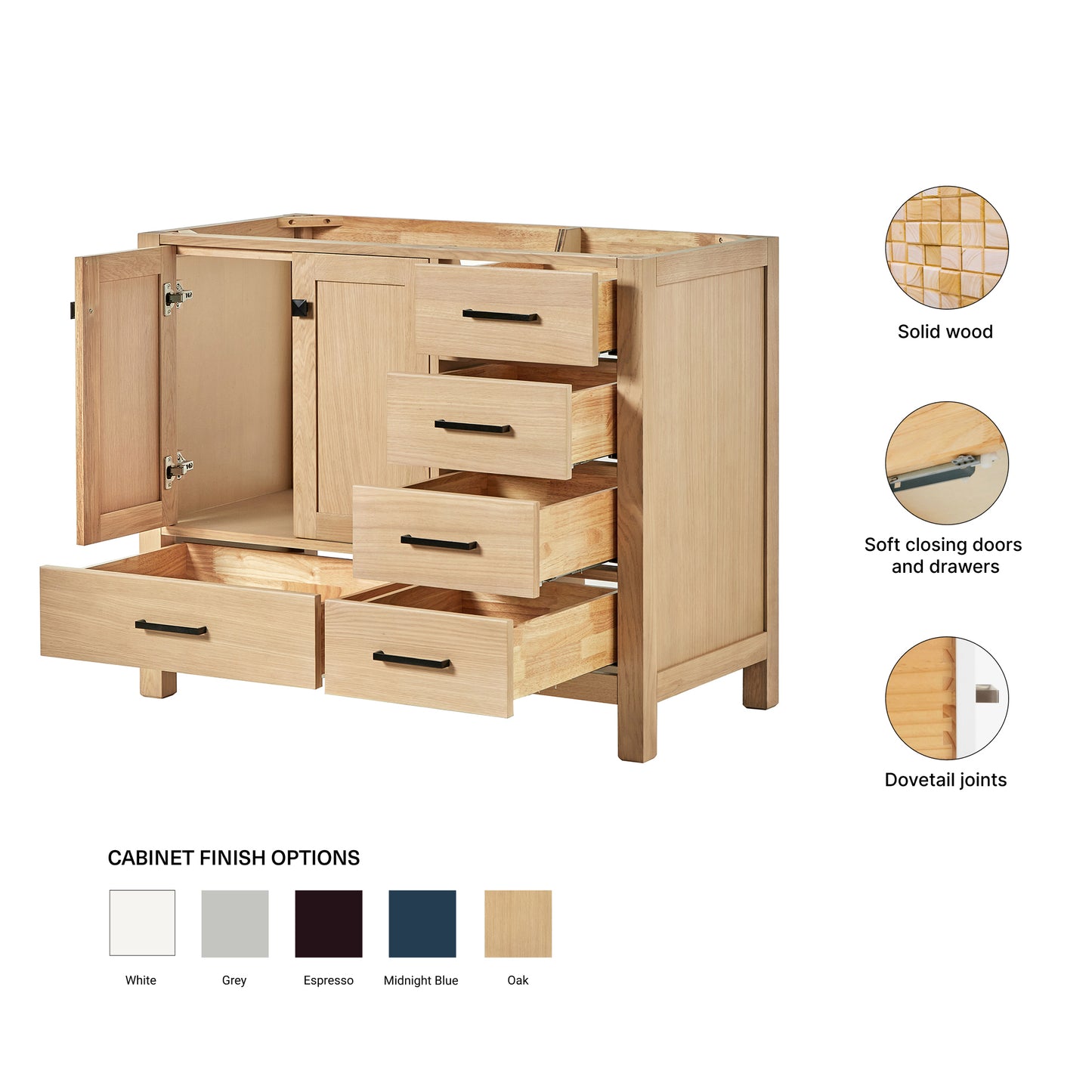Beckford 42-inch Natural Oak base cabinet on feature highlights: solid wood frame, soft-close doors and drawers, Sherwin-Williams paint finish
