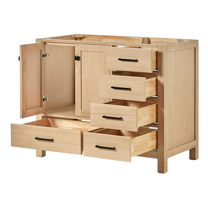 Beckford 42-inch Natural Oak base cabinet on white back ground side view open door