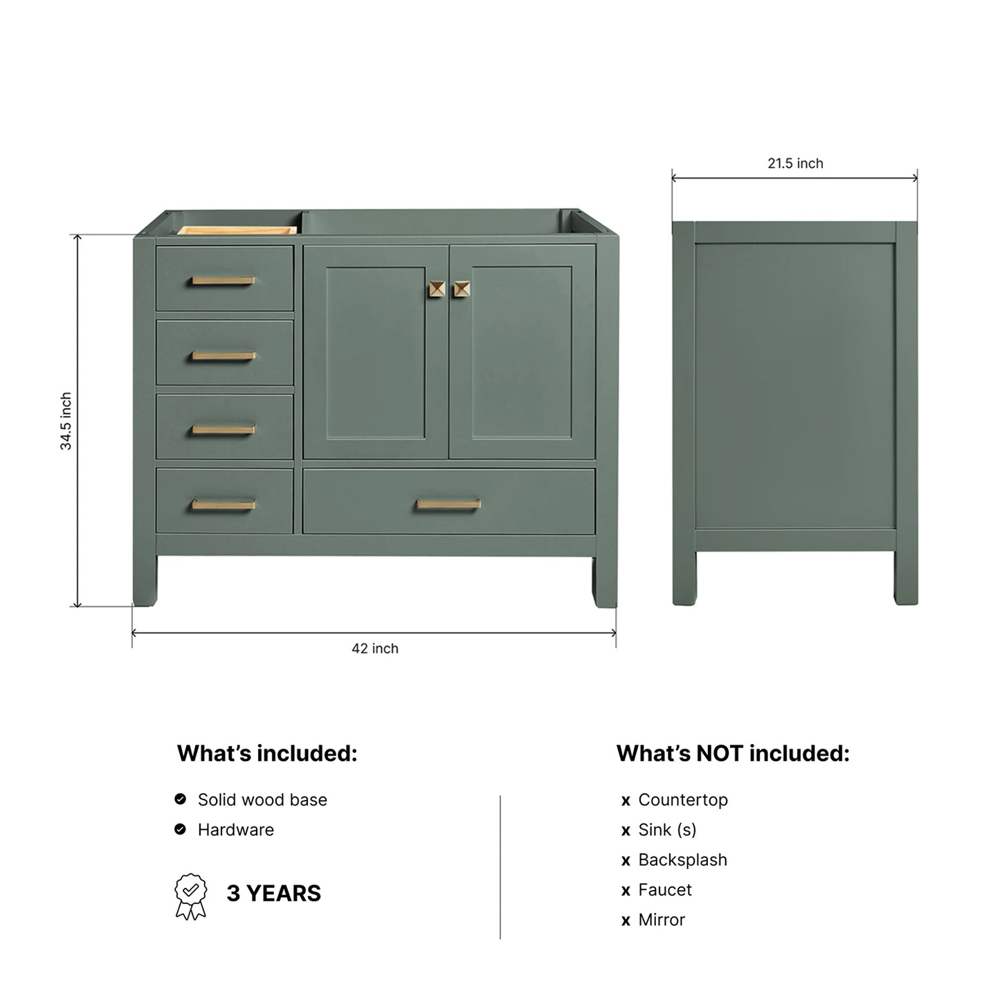 Beckford 42-inch Vintage Green base cabinet on dimensions