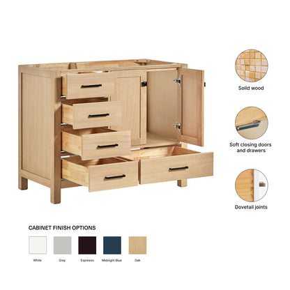 Beckford 42-inch Natural Oak base cabinet on feature highlights: solid wood frame, soft-close doors and drawers, Sherwin-Williams paint finish