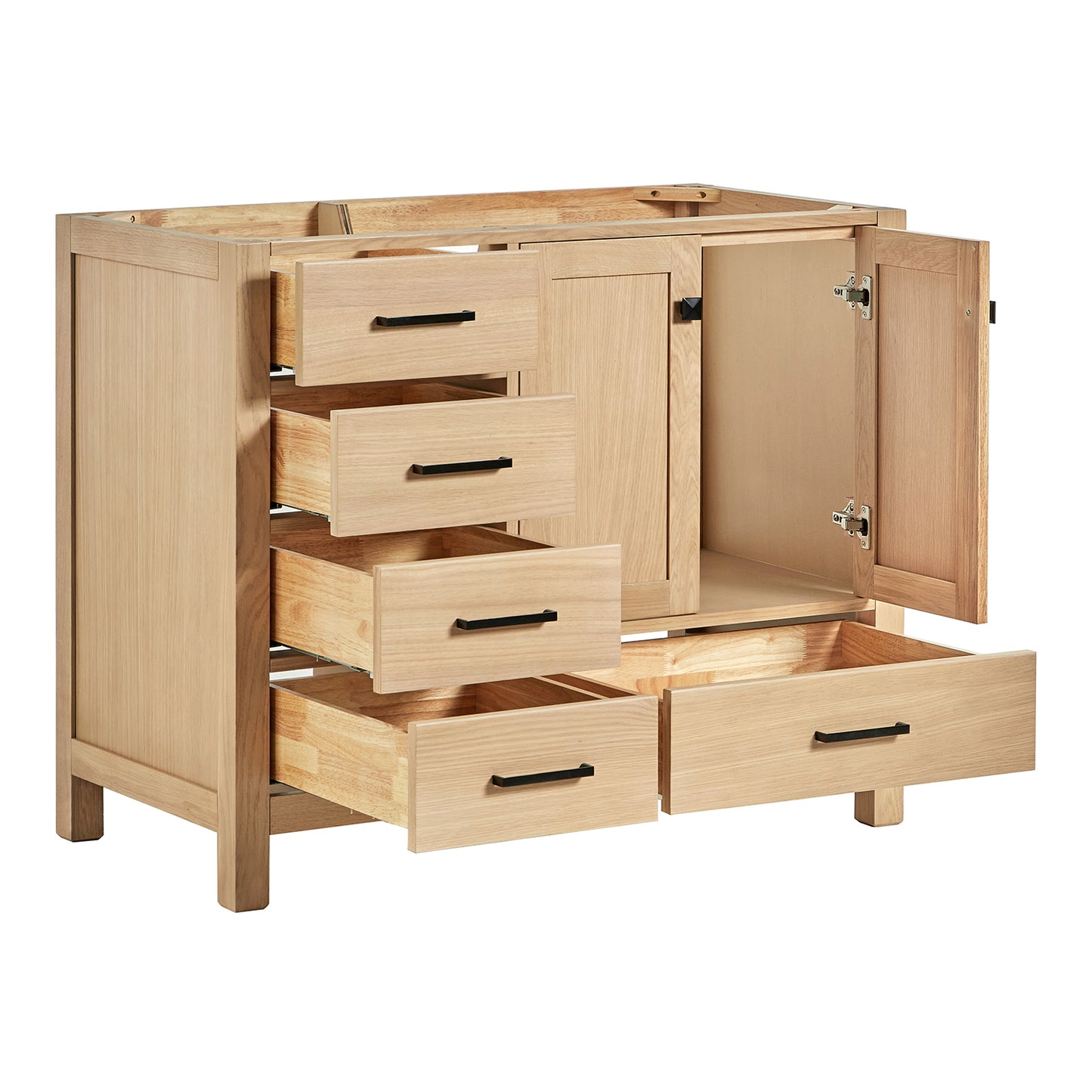 Beckford 42-inch Natural Oak base cabinet on white back ground side view open door
