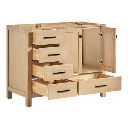 Beckford 42-inch Natural Oak base cabinet on white back ground side view open door