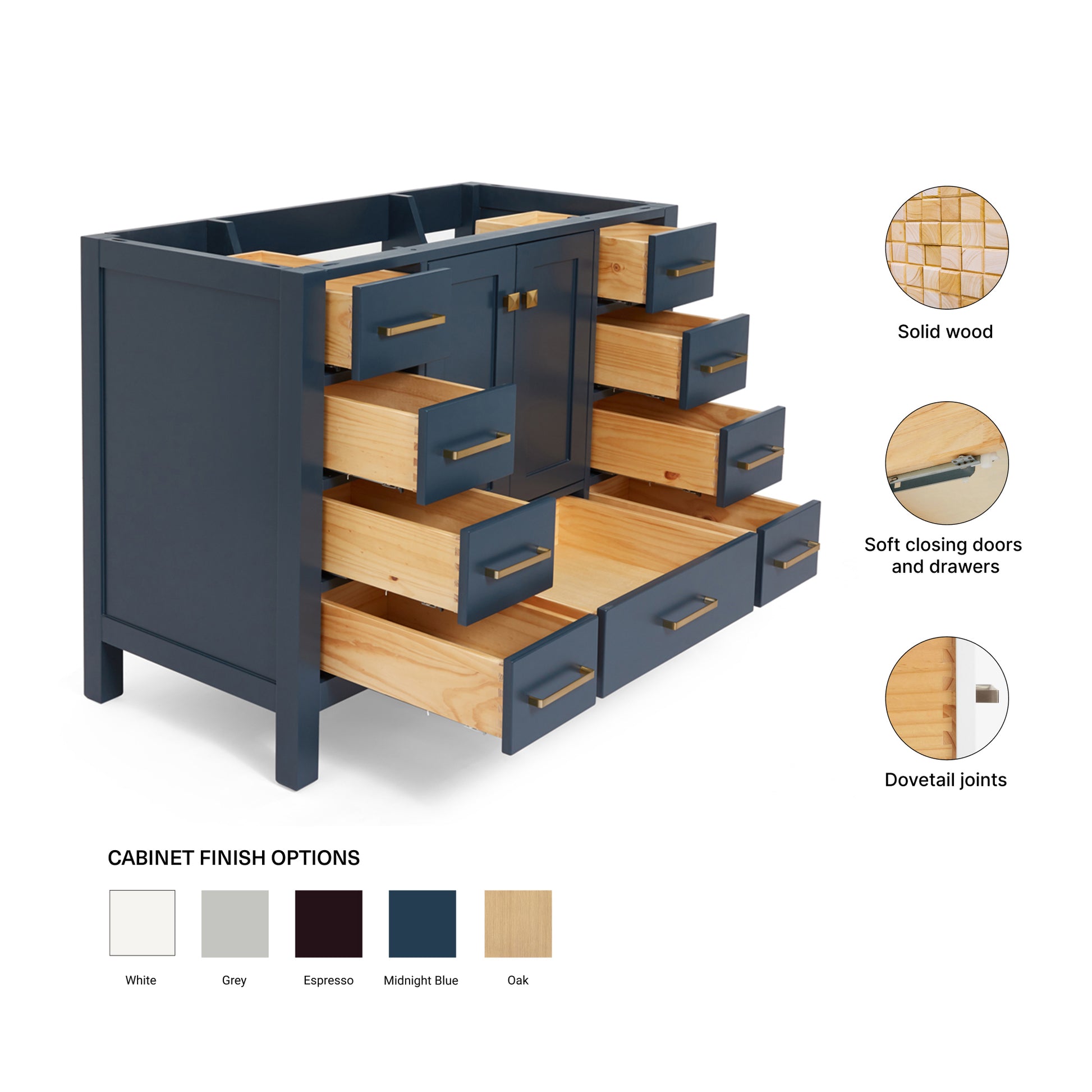 Beckford 42-inch Midnight Blue base cabinet on feature highlights: solid wood frame, soft-close doors and drawers, Sherwin-Williams paint finish