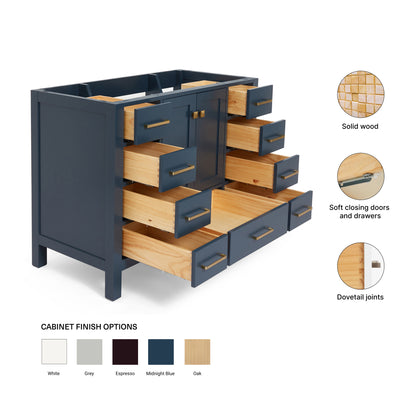 Beckford 42-inch Midnight Blue base cabinet on feature highlights: solid wood frame, soft-close doors and drawers, Sherwin-Williams paint finish