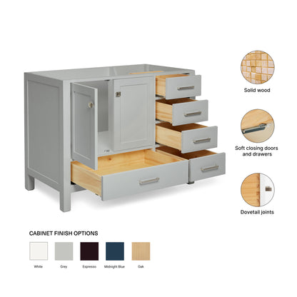 Beckford 42-inch Grey base cabinet on feature highlights: solid wood frame, soft-close doors and drawers, Sherwin-Williams paint finish