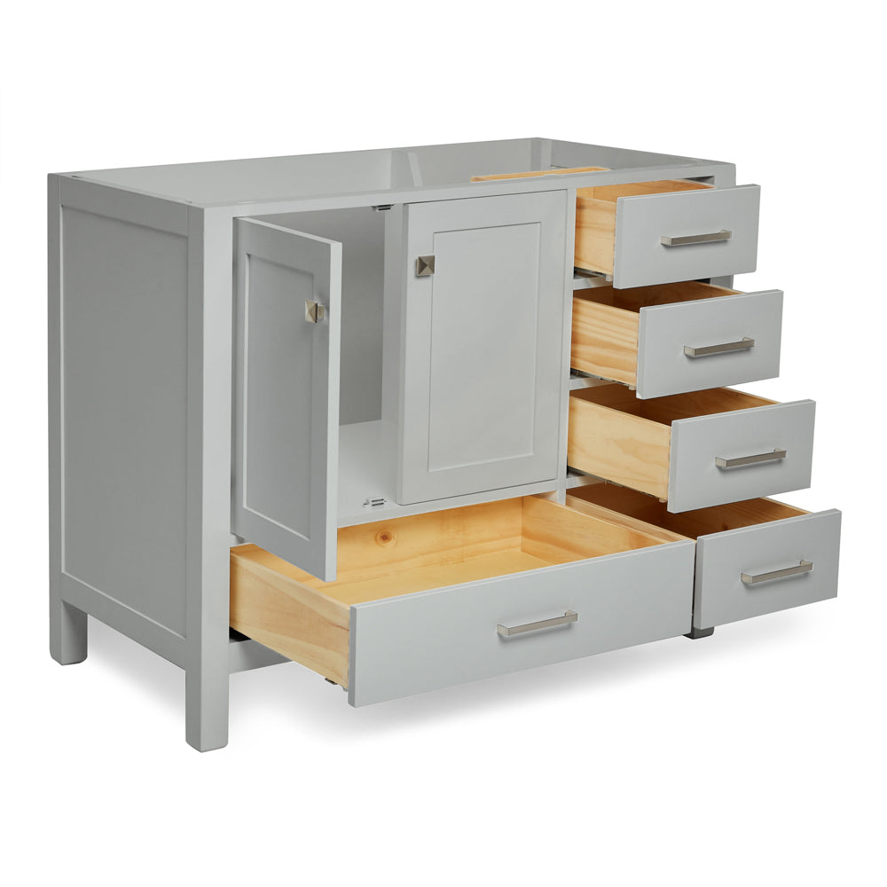 Beckford 42-inch Grey base cabinet on white back ground side view open door