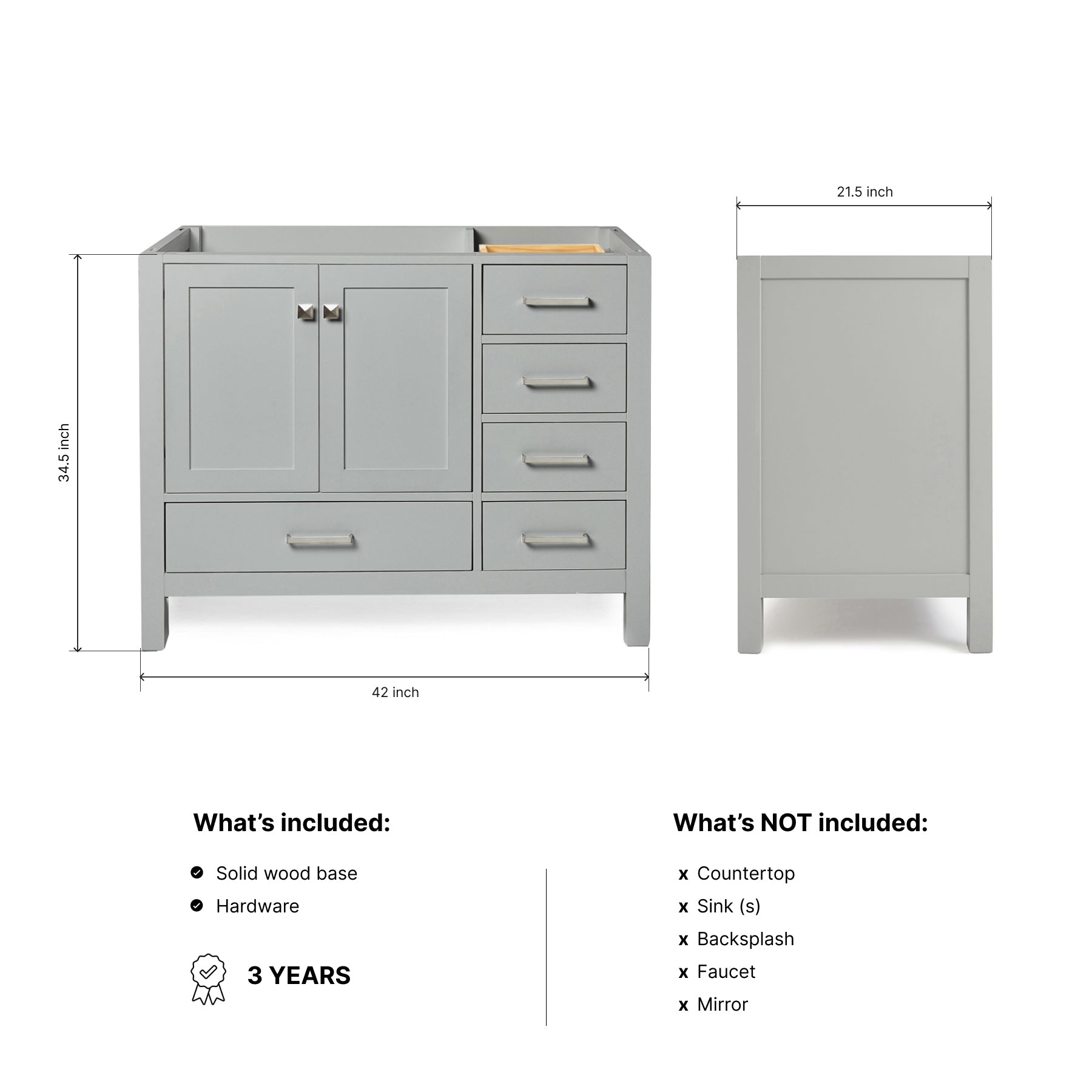 Beckford 42-inch Grey base cabinet on dimensions