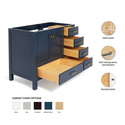 Beckford 42-inch Midnight Blue base cabinet on feature highlights: solid wood frame, soft-close doors and drawers, Sherwin-Williams paint finish
