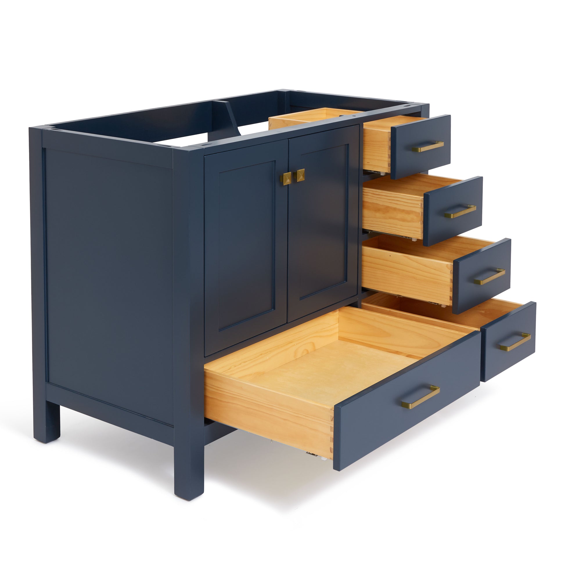Beckford 42-inch Midnight Blue base cabinet on white back ground side view open door