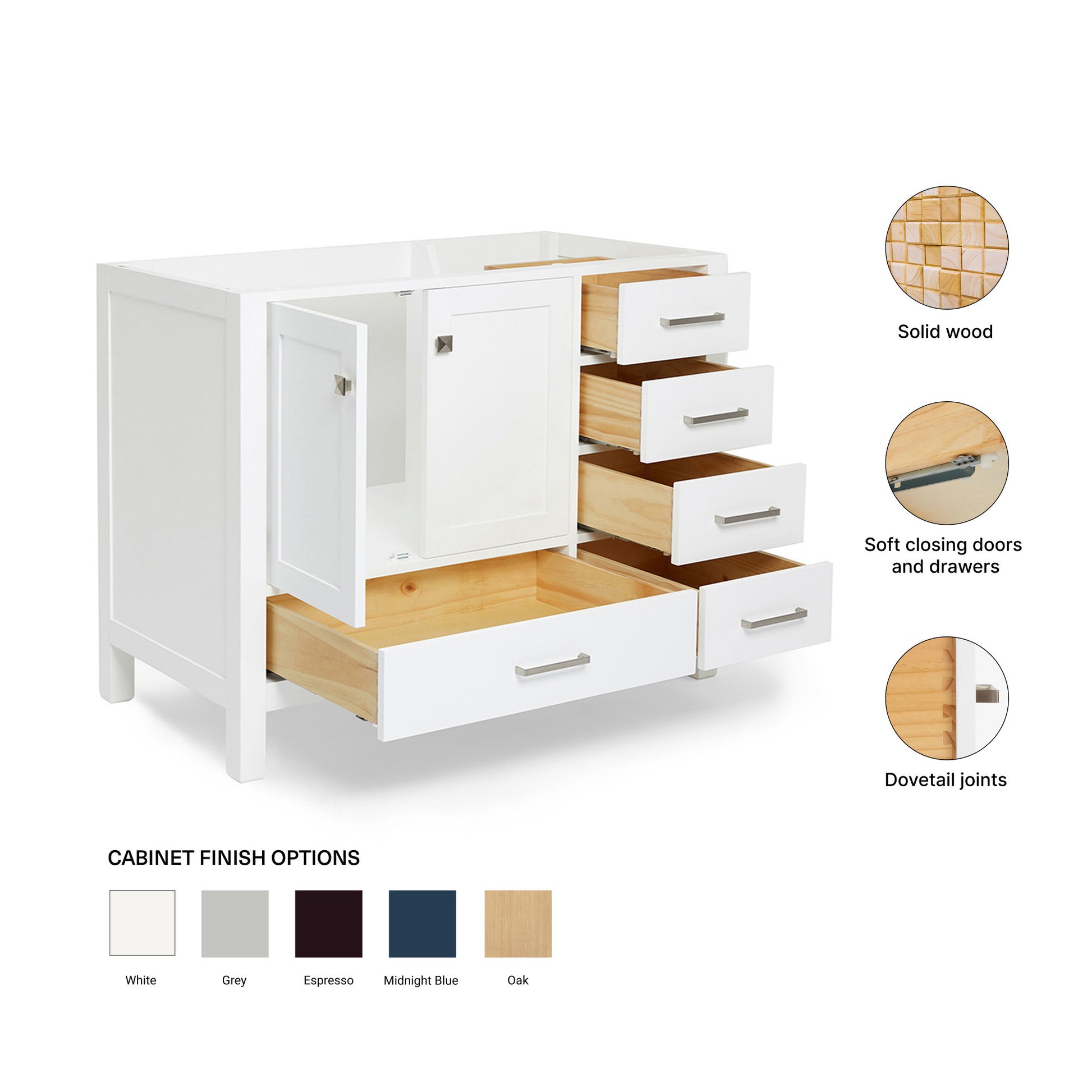 Beckford 42-inch White base cabinet on feature highlights: solid wood frame, soft-close doors and drawers, Sherwin-Williams paint finish