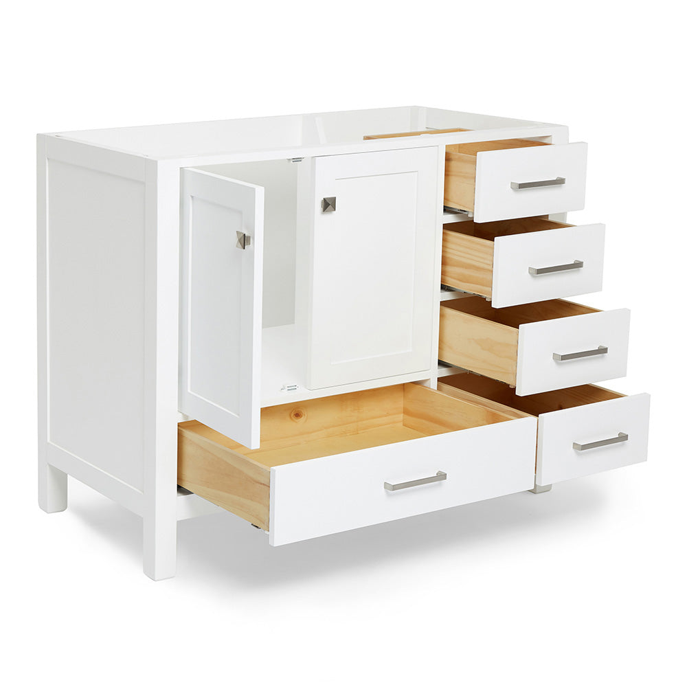 Beckford 42-inch White base cabinet on white back ground side view open door