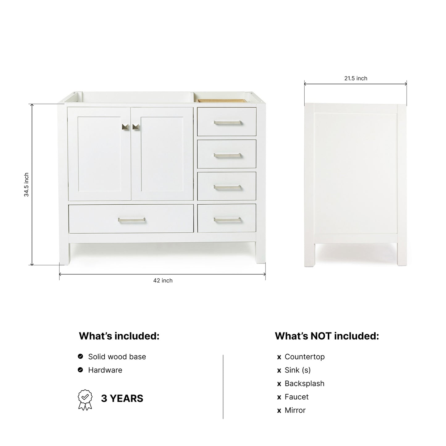 Beckford 42-inch White base cabinet on dimensions