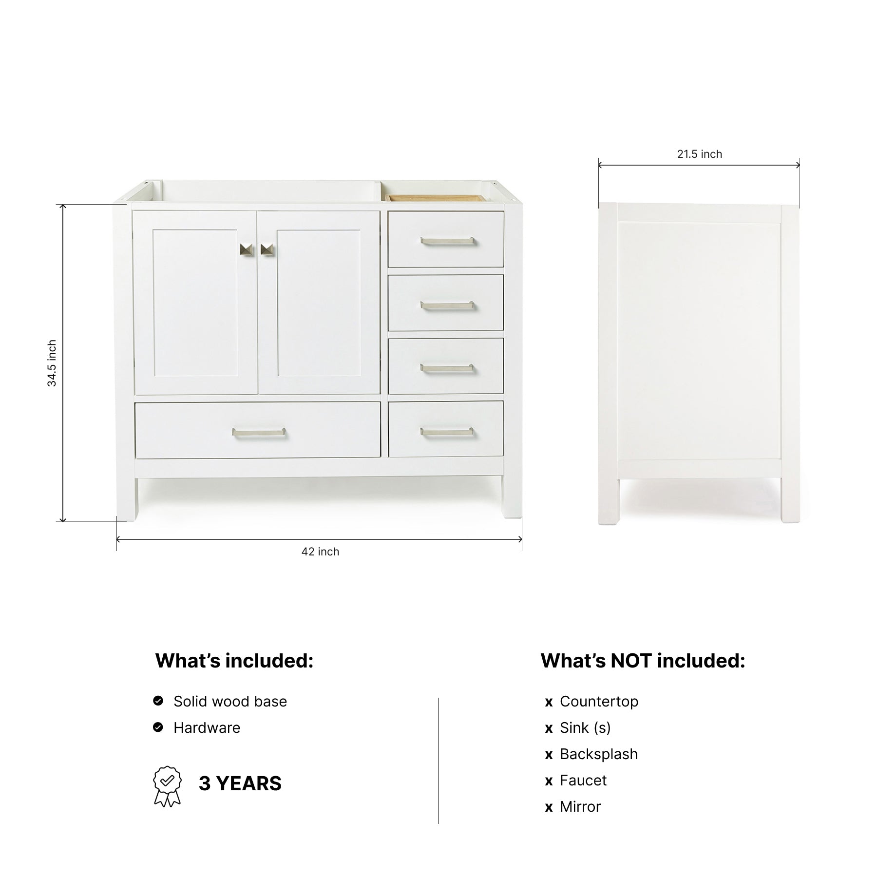 Beckford 42-inch White base cabinet on dimensions