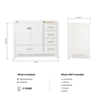 Beckford 42-inch White base cabinet on dimensions