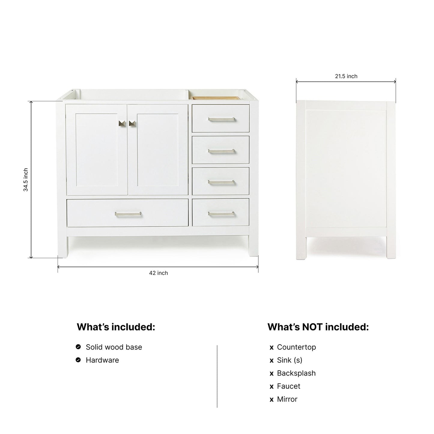 Beckford 42-inch White base cabinet on dimensions